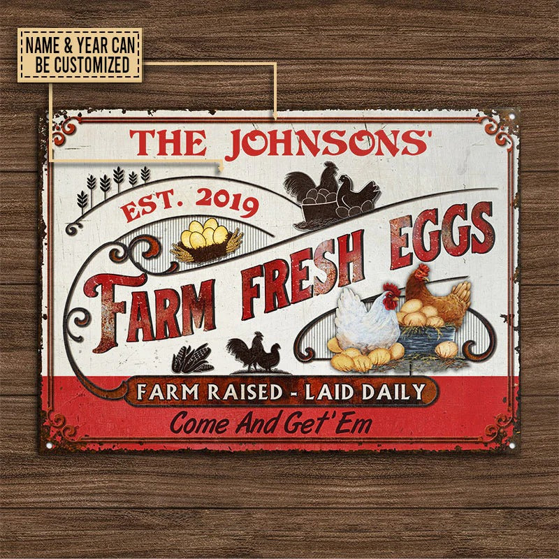Personalized Chicken Farm Fresh Eggs Red White Custom Classic Metal Signs
