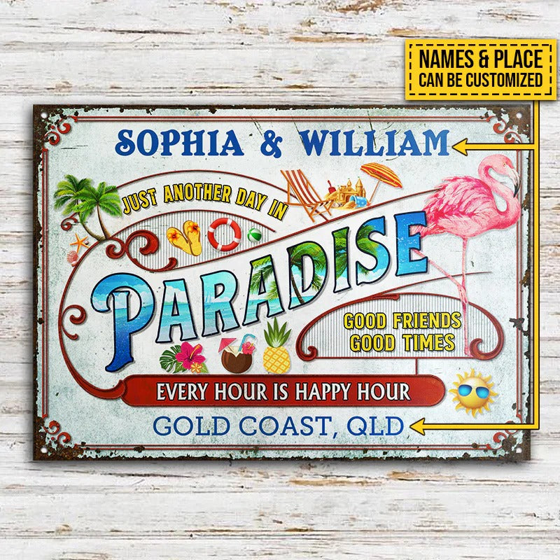 Personalized Flamingo Beach Another Day In Paradise Customized Classic Metal Signs