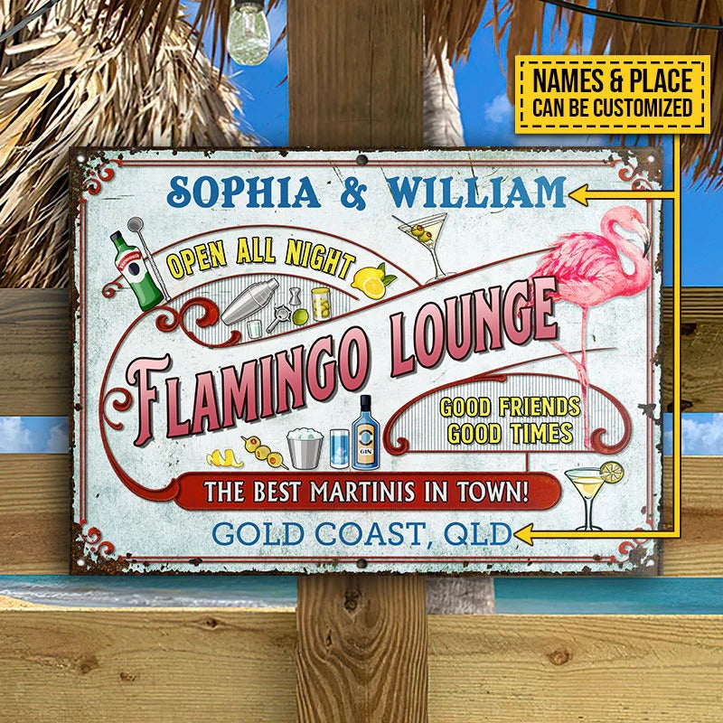 Personalisierte Flamingo Beach Open All Night Personalisierte klassische Metallschilder