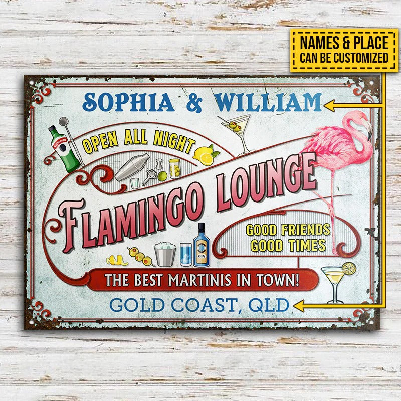 Personalisierte Flamingo Beach Open All Night Personalisierte klassische Metallschilder