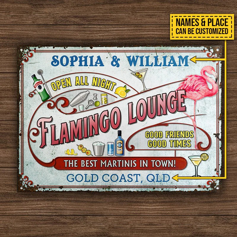 Personalisierte Flamingo Beach Open All Night Personalisierte klassische Metallschilder