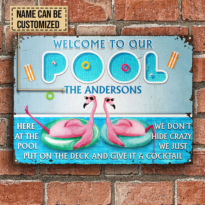 Personalized Flamingo Swimming Pool At The Pool Custom Classic Metal Signs