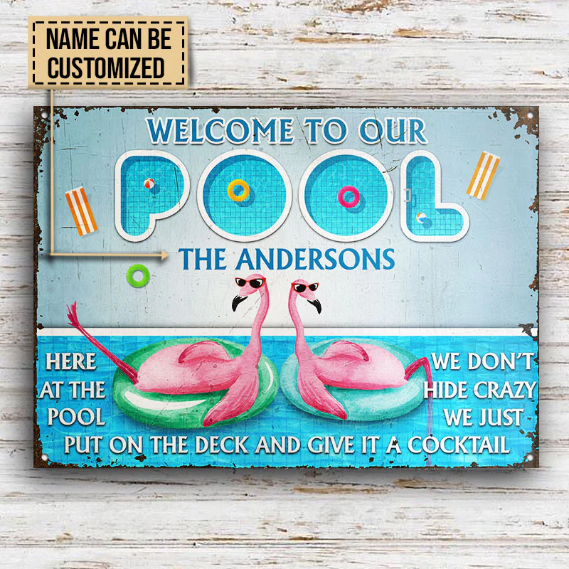 Personalized Flamingo Swimming Pool At The Pool Custom Classic Metal Signs