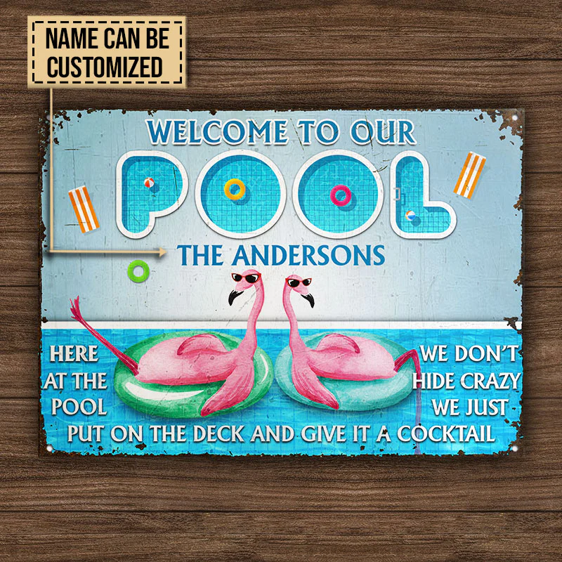 Personalized Flamingo Swimming Pool At The Pool Custom Classic Metal Signs