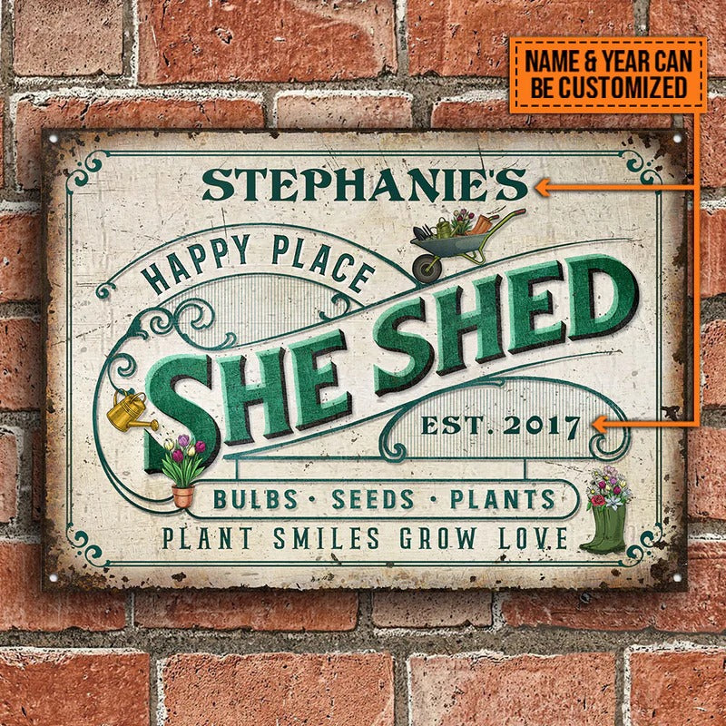 Jardin personnalisé She Shed Plant Smiles Grow Love Plaques métalliques classiques personnalisées