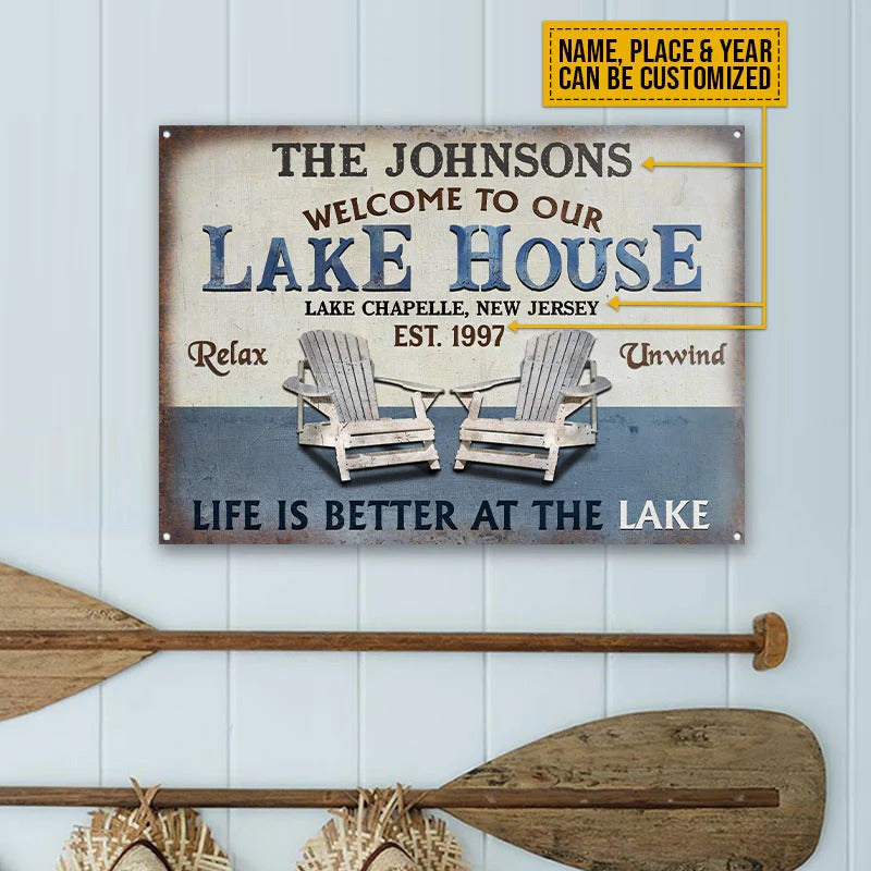 Personalisierte Lake House Life Is Better Personalisierte klassische Metallschilder