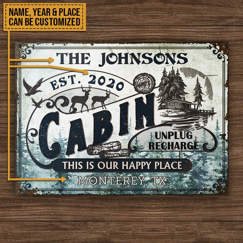 Personalized Log Cabin This Is Our Happy Place Custom Classic Metal Signs