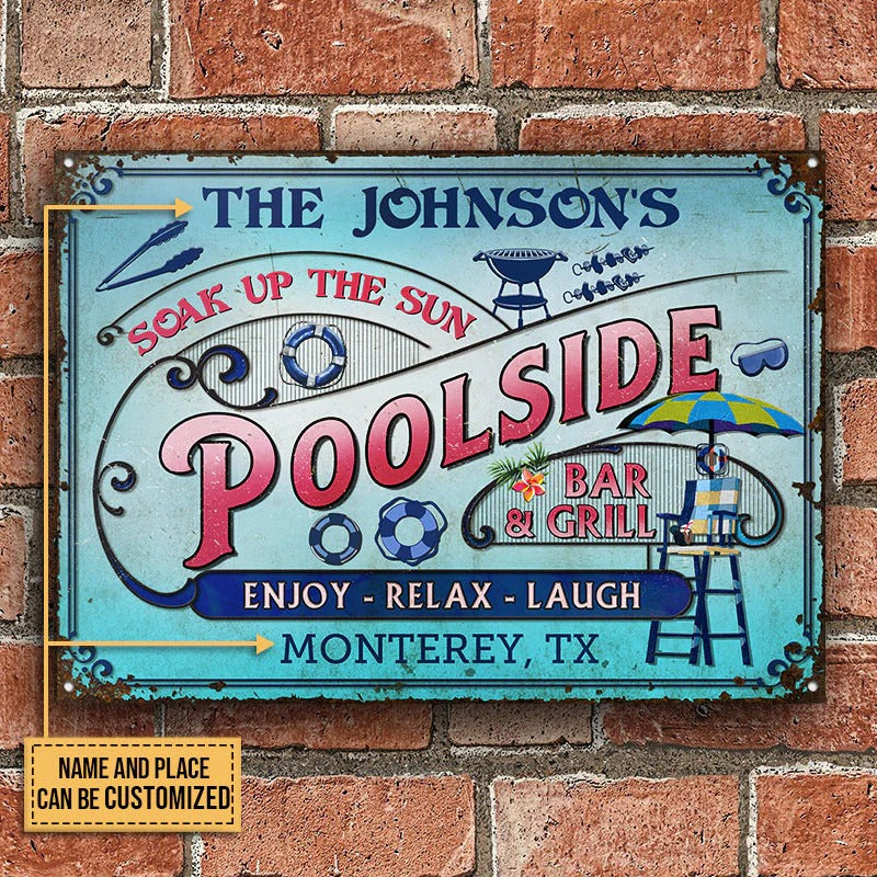 Personalized Pool Bar & Grill Pink And Blue Custom Classic Metal Signs