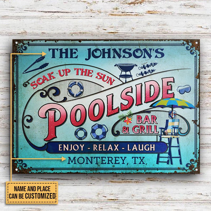 Personalized Pool Bar & Grill Pink And Blue Custom Classic Metal Signs