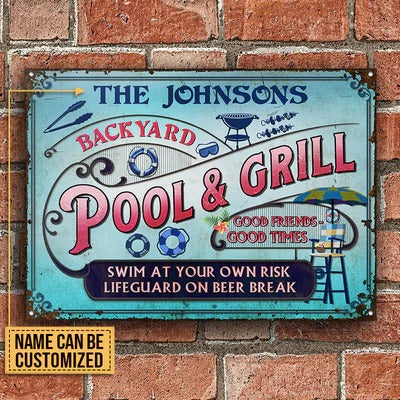 Personalized Pool Grilling Backyard At Your Own Risk Pink Blue Custom Classic Metal Signs