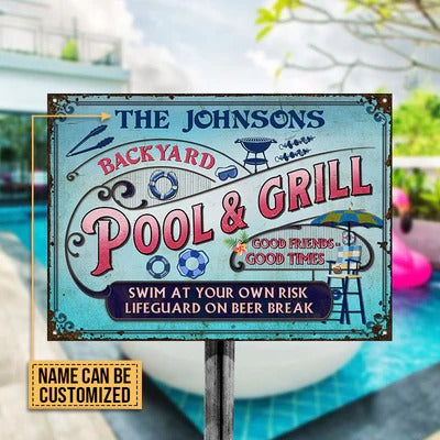 Personalized Pool Grilling Backyard At Your Own Risk Pink Blue Custom Classic Metal Signs