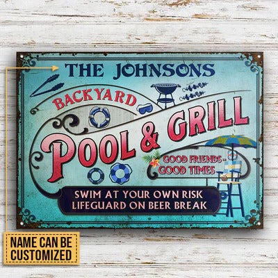 Personalized Pool Grilling Backyard At Your Own Risk Pink Blue Custom Classic Metal Signs