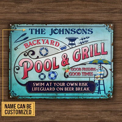 Personalized Pool Grilling Backyard At Your Own Risk Pink Blue Custom Classic Metal Signs