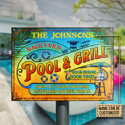 Personalized Pool Summer Vibe Bar & Grill Custom Classic Metal Signs