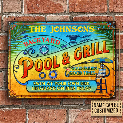 Personalized Pool Summer Vibe Bar & Grill Custom Classic Metal Signs