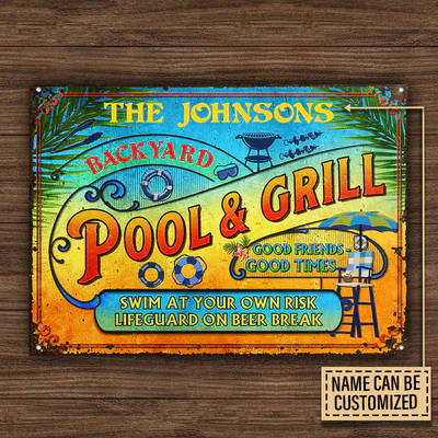 Personalized Pool Summer Vibe Bar & Grill Custom Classic Metal Signs