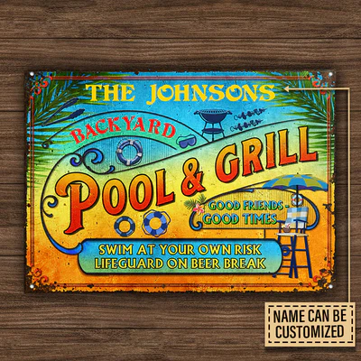 Personalized Pool Grilling Backyard At Your Own Risk Summer Custom Classic Metal Signs