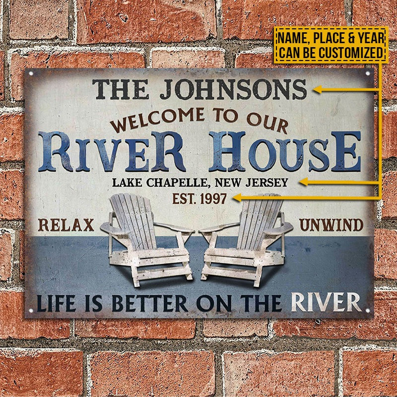 Personnalisé River House Life Is Better Plaques métalliques classiques personnalisées