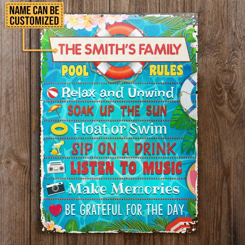 Personalized Swimming Pool Rules Relax Customized Classic Metal Signs