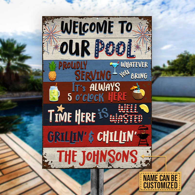 Personalized Swimming Pool Stars & Stripes Welcome Custom Classic Metal Signs