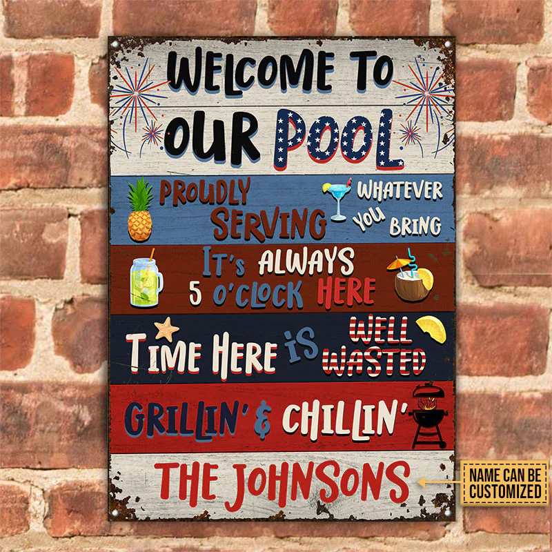 Personalized Swimming Pool Stars & Stripes Welcome Custom Classic Metal Signs