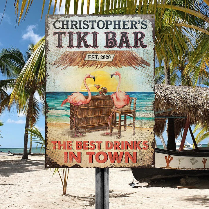 Personalized Tiki Bar Flamingo Best Drinks Customized Classic Metal Signs