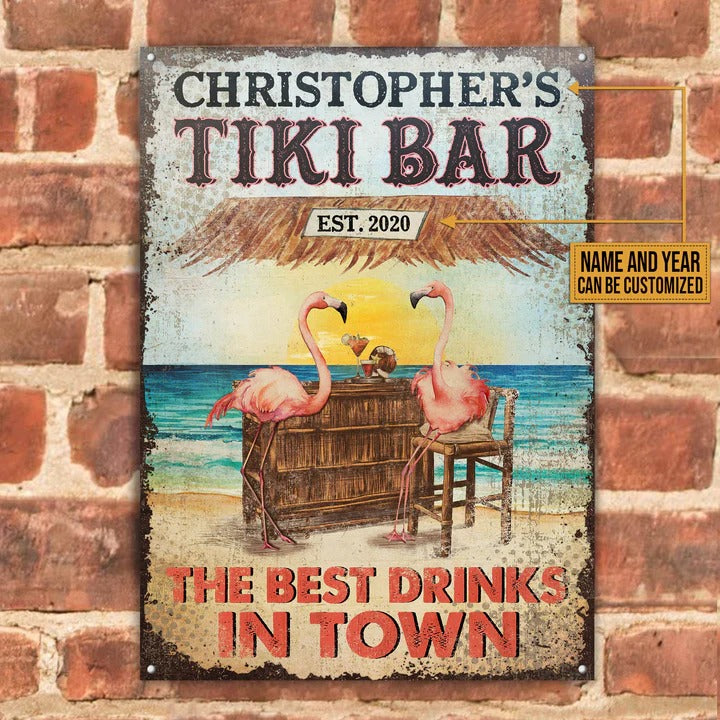 Personalized Tiki Bar Flamingo Best Drinks Customized Classic Metal Signs