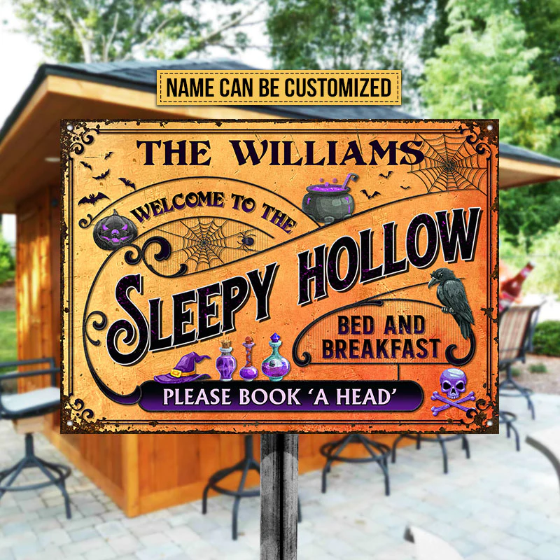 Skull Creepy Pumpkin Halloween Sleepy Hollow Please Book A Head Yard Sign Custom Classic Metal Signs