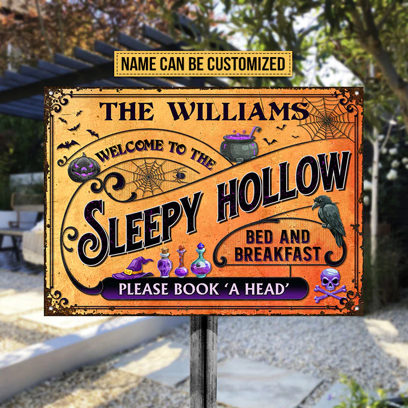 Skull Creepy Pumpkin Halloween Sleepy Hollow Please Book A Head Yard Sign Custom Classic Metal Signs