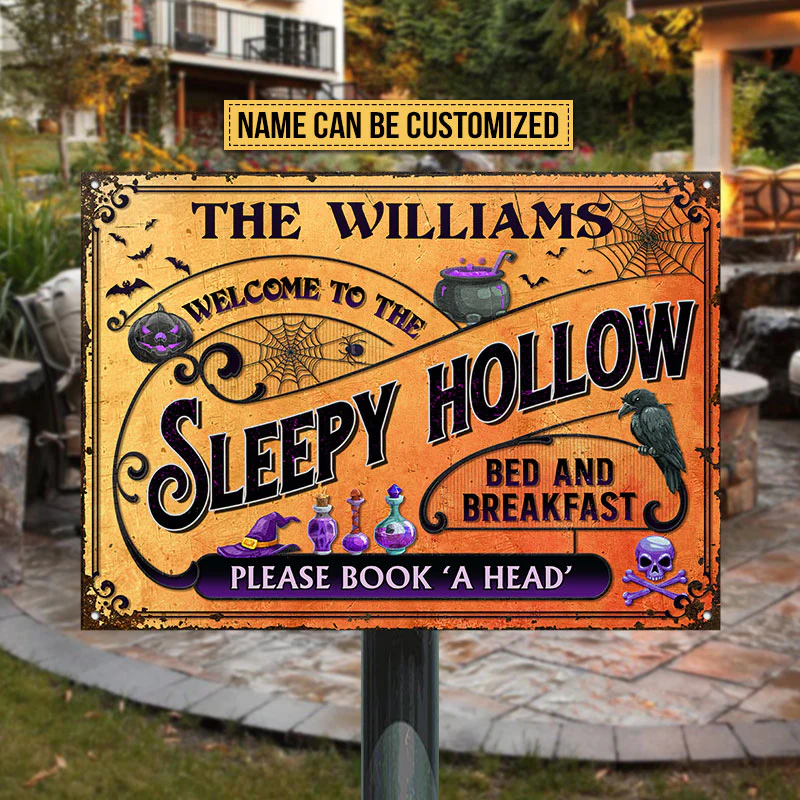 Skull Creepy Pumpkin Halloween Sleepy Hollow Please Book A Head Yard Sign Custom Classic Metal Signs