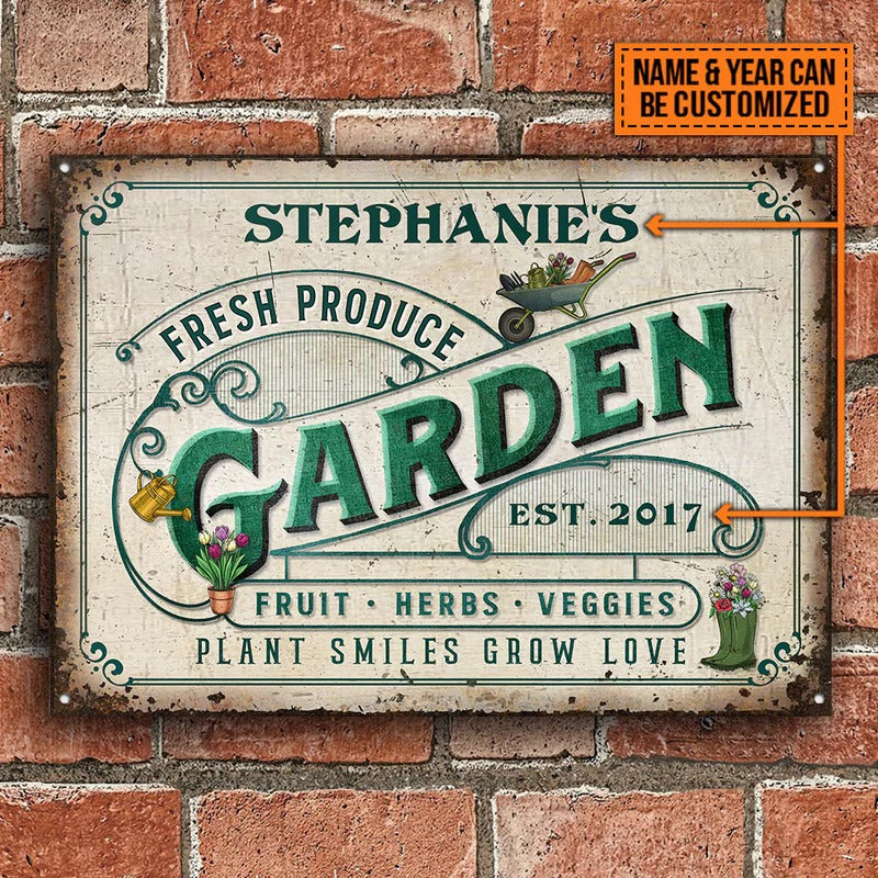 Personalized Garden Fresh Plant Smiles Grow Love Customized Classic Metal Signs