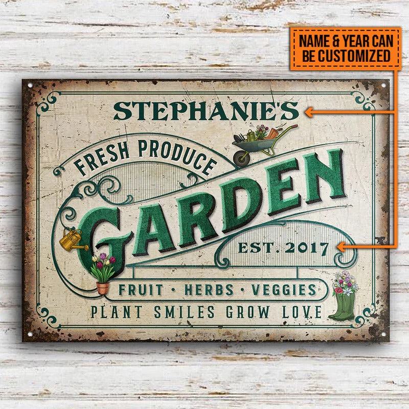 Personalized Garden Fresh Plant Smiles Grow Love Customized Classic Metal Signs