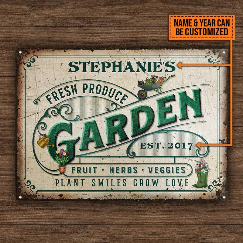 Personalized Garden Fresh Plant Smiles Grow Love Customized Classic Metal Signs