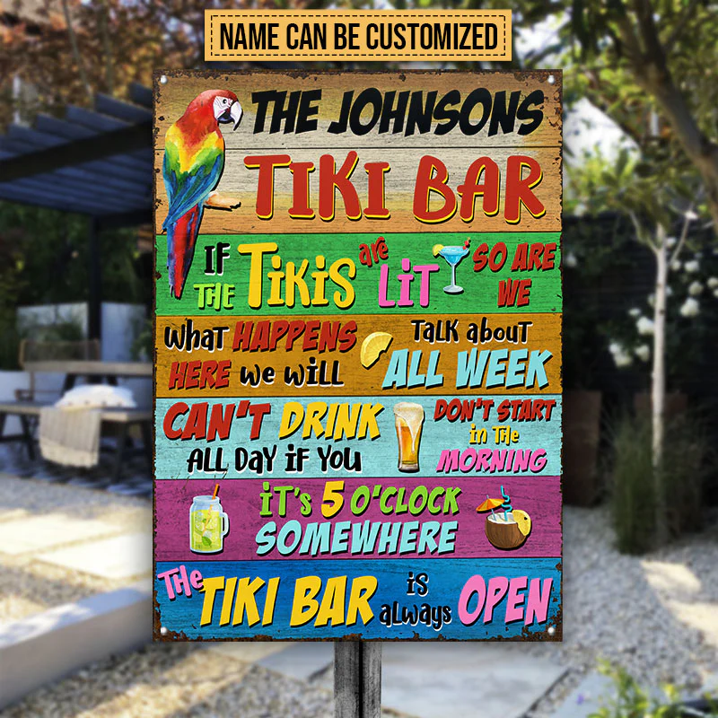 Tropical perroquet Tiki Bar est toujours ouvert des signes métalliques classiques personnalisés, décor de salon Tiki, décor de salon de perroquet, décor de Tiki Tropical