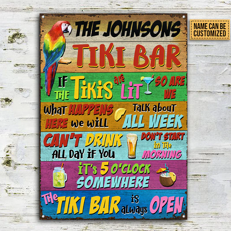 Tropical perroquet Tiki Bar est toujours ouvert des signes métalliques classiques personnalisés, décor de salon Tiki, décor de salon de perroquet, décor de Tiki Tropical