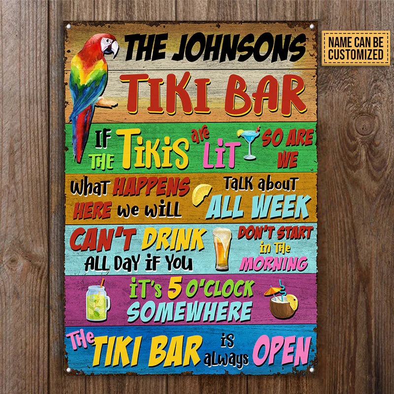 Tropical perroquet Tiki Bar est toujours ouvert des signes métalliques classiques personnalisés, décor de salon Tiki, décor de salon de perroquet, décor de Tiki Tropical