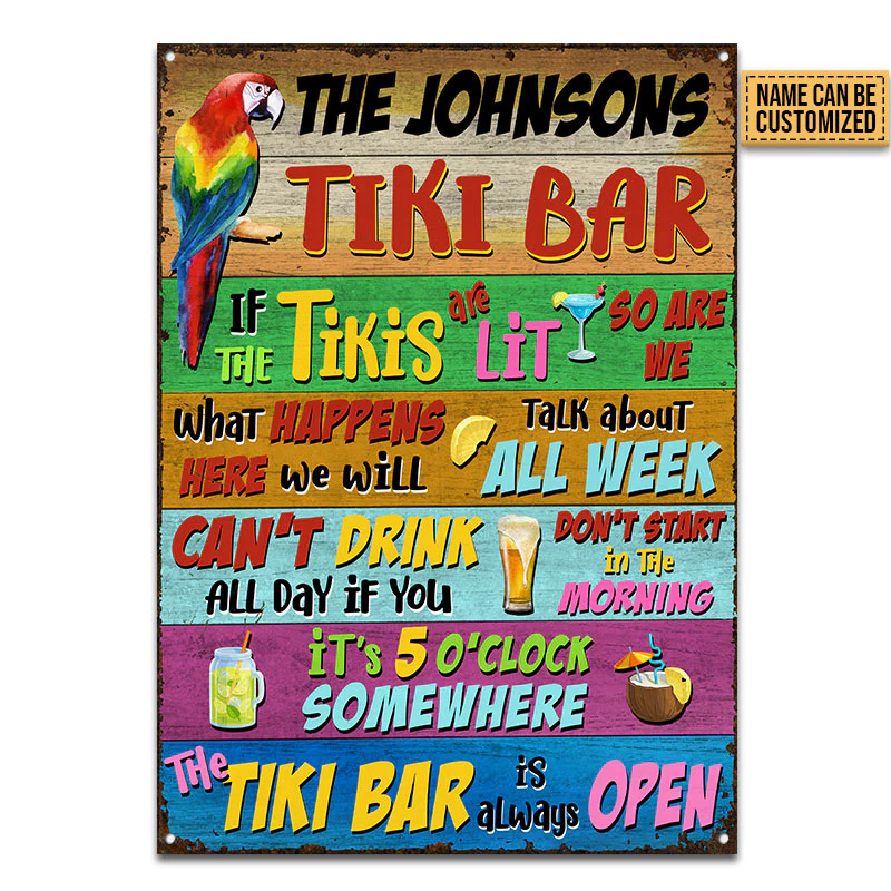 Tropical perroquet Tiki Bar est toujours ouvert des signes métalliques classiques personnalisés, décor de salon Tiki, décor de salon de perroquet, décor de Tiki Tropical