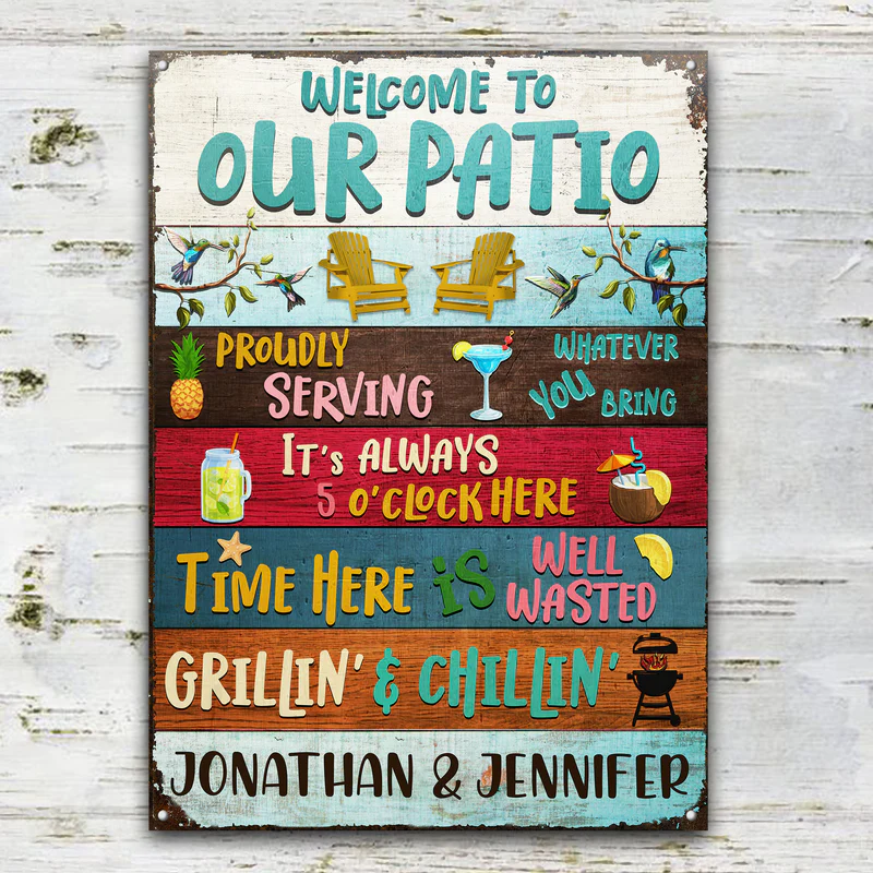 Welcome To Our Patio It's 5 O' Clock - Patio Outside Decor - Plaques métalliques classiques personnalisées personnalisées