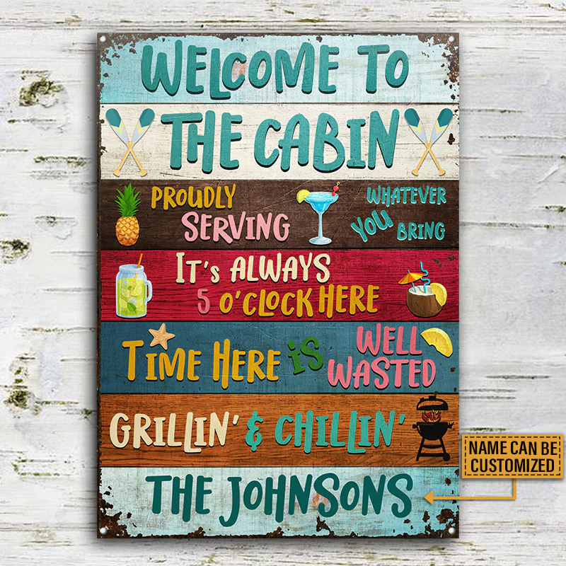 Welcome To The Cabin Custom Classic Metal Signs, Wall Art Decor, Wooden Style Cabin Sign