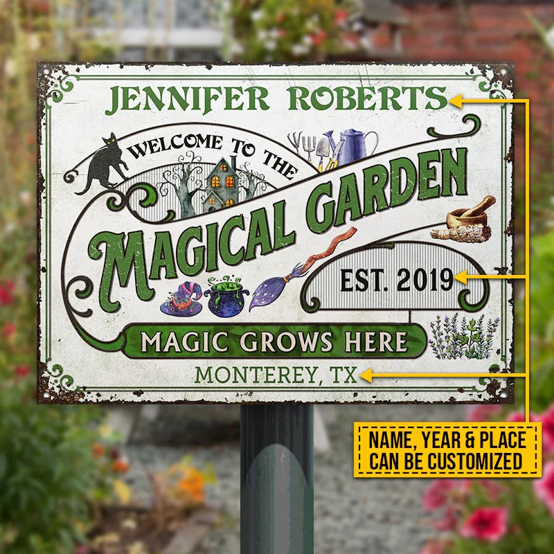 Witch Garden Magic Grows Here Plaques métalliques classiques personnalisées