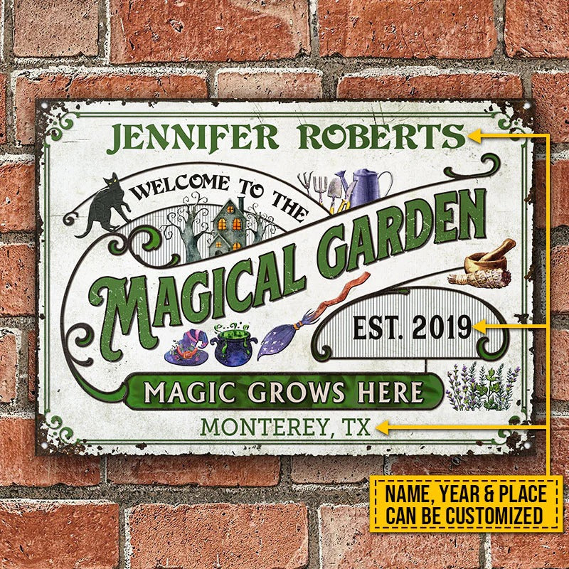 Witch Garden Magic Grows Here Plaques métalliques classiques personnalisées