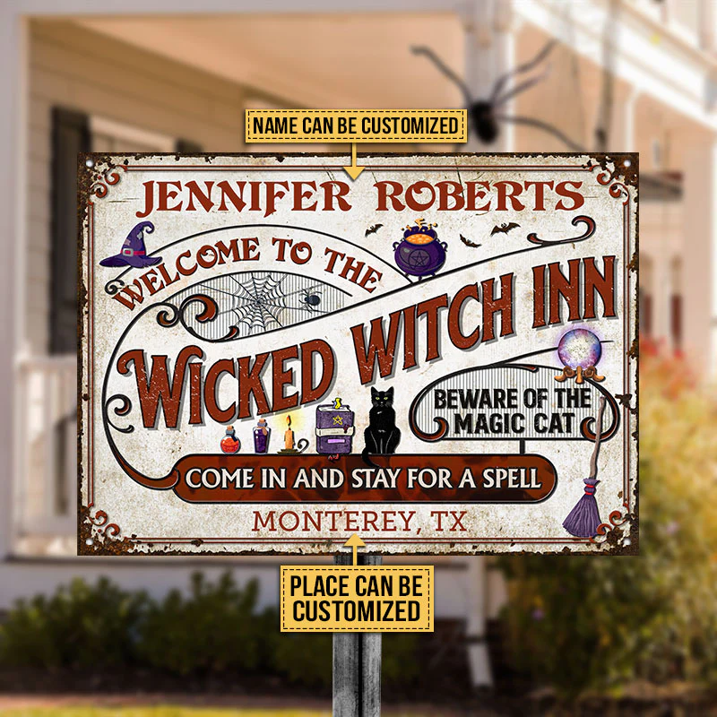 Witch Inn Black Cat Stay For A Spell Plaques métalliques classiques personnalisées