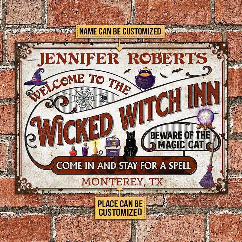 Witch Inn Black Cat Stay For A Spell Plaques métalliques classiques personnalisées