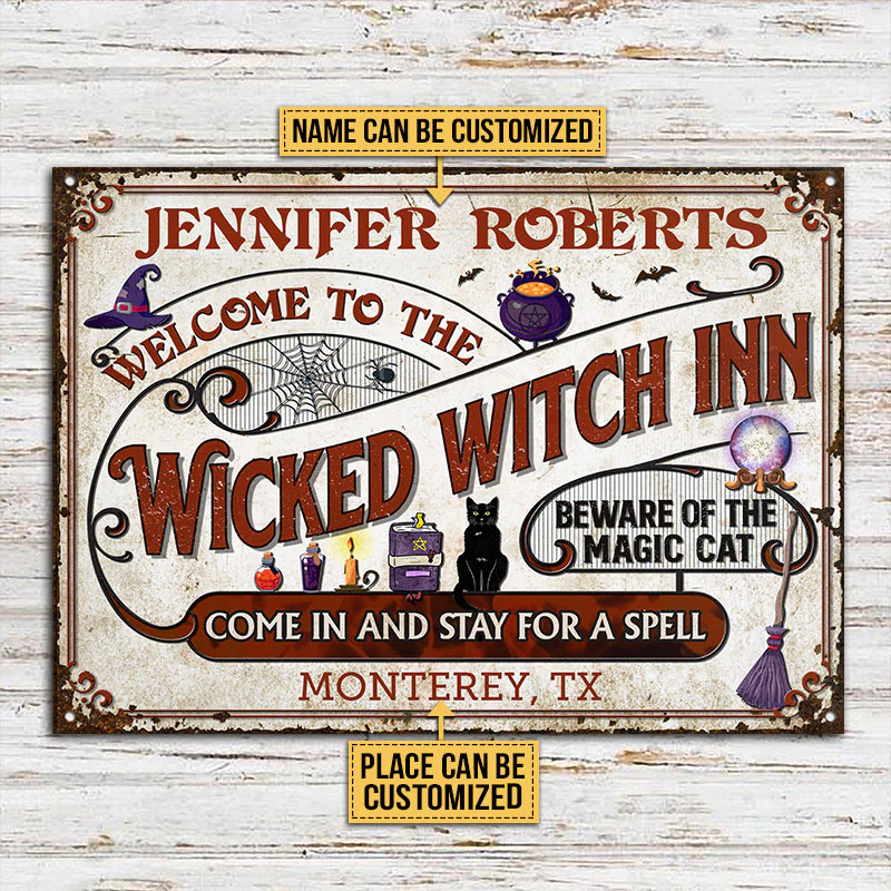 Witch Inn Black Cat Stay For A Spell Plaques métalliques classiques personnalisées