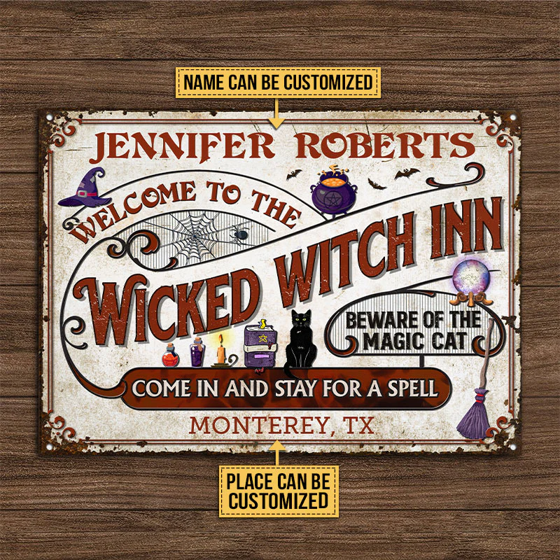Witch Inn Black Cat Stay For A Spell Plaques métalliques classiques personnalisées